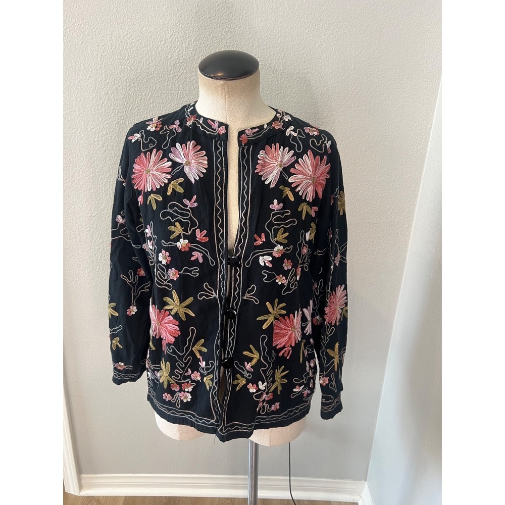 Bedford Fair Petite Medium Black Embroidered Floral Button Spring Jacket